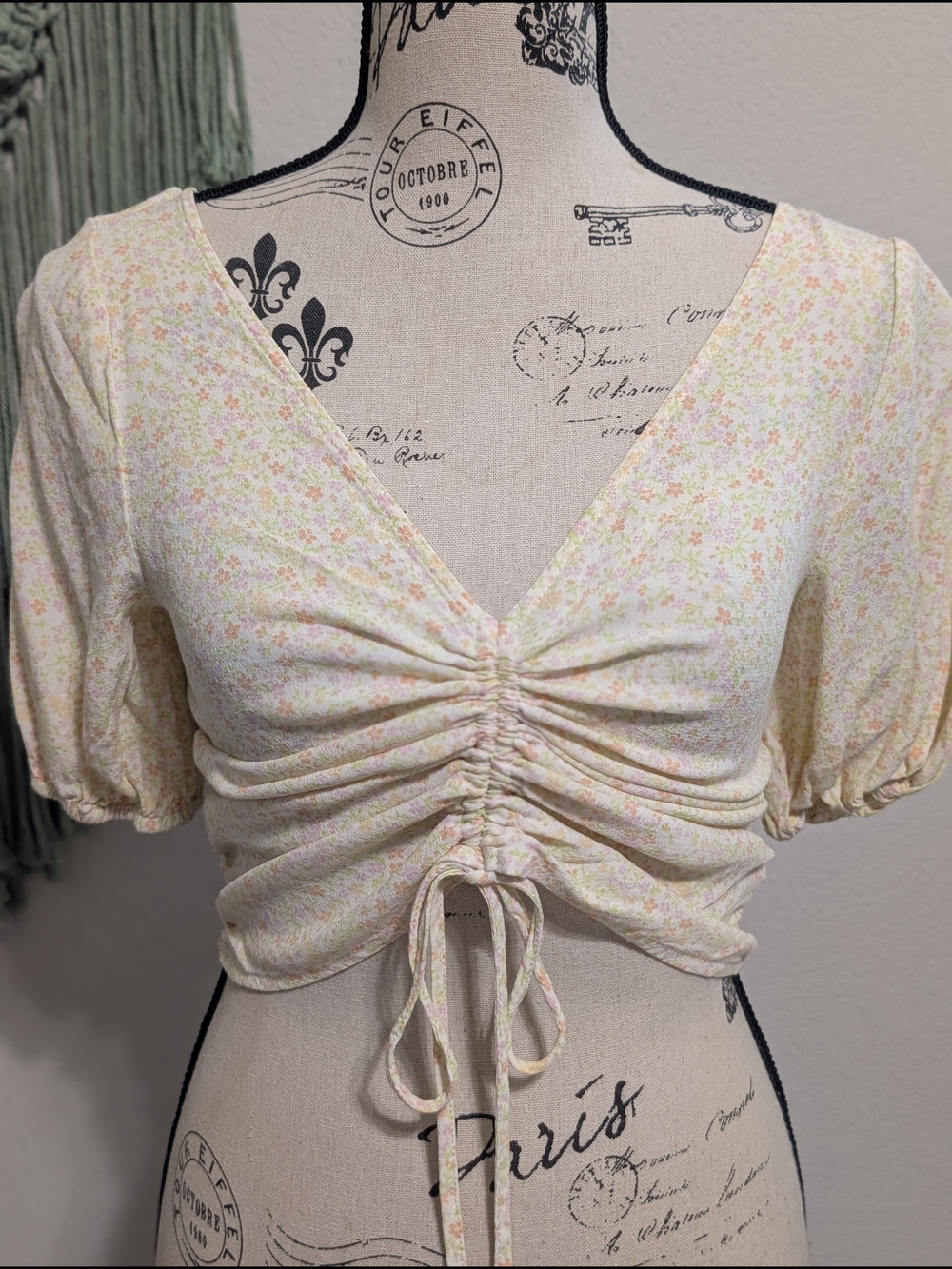 Sophie Rue Cream Floral Ruched Drawstring Crop Top